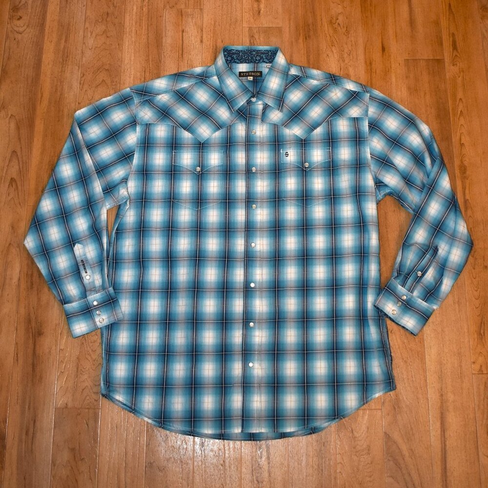 Stetson Men's 2xl Blue Plaid Long Sleeve Pearl Snap Western Shirt